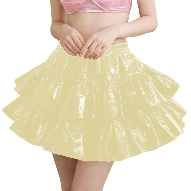 Erotic PVC Tiered Ruffle Party Mini Skirt Shiny Sexy High Waist Streetwear Ladies Elegant Layered Flared Skirt Cosplay Clubwear
