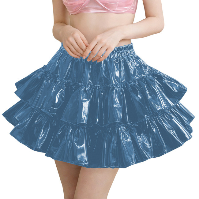 Erotic PVC Tiered Ruffle Party Mini Skirt Shiny Sexy High Waist Streetwear Ladies Elegant Layered Flared Skirt Cosplay Clubwear