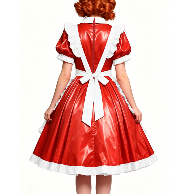 Victorian Glossy PVC Dress Shiny Wetlook Halloween Apron Maid Puff Sleeve Party Sexy Ruffle Midi Dress Cosplay A-line Clubwear