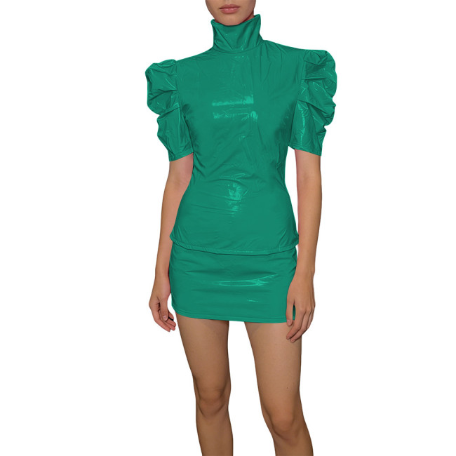 Elegant PVC Two Piece Cosplay Skirt Set Shiny Slim Fit Top Vinyl Bodycon Skirt Fetish Back Zipper Evening Streetwear Dress Set