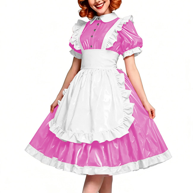 Victorian Glossy PVC Dress Shiny Wetlook Halloween Apron Maid Puff Sleeve Party Sexy Ruffle Midi Dress Cosplay A-line Clubwear