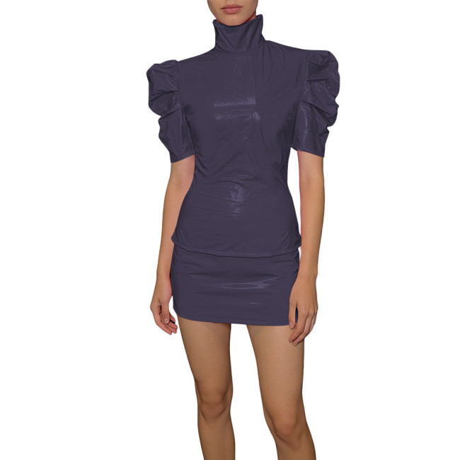 Elegant PVC Two Piece Cosplay Skirt Set Shiny Slim Fit Top Vinyl Bodycon Skirt Fetish Back Zipper Evening Streetwear Dress Set