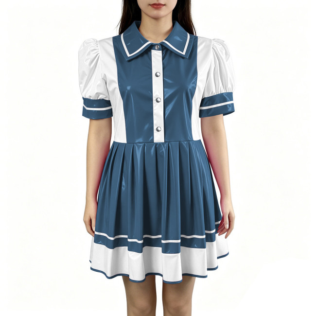 Sexy PVC Vinyl Mini Dress Erotic Turn Down Collar Dress Sweet Button Flared Gothic Fetish A-line Uniform French Cosplay Clubwear