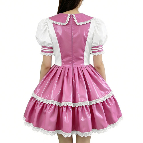 Glossy PVC Sailor Collar Lolita Lace Trim Bow Maid Dress Patchwork Mini Dress Gothic Sweet Club Party Cosplay Fetish Nurse Dress