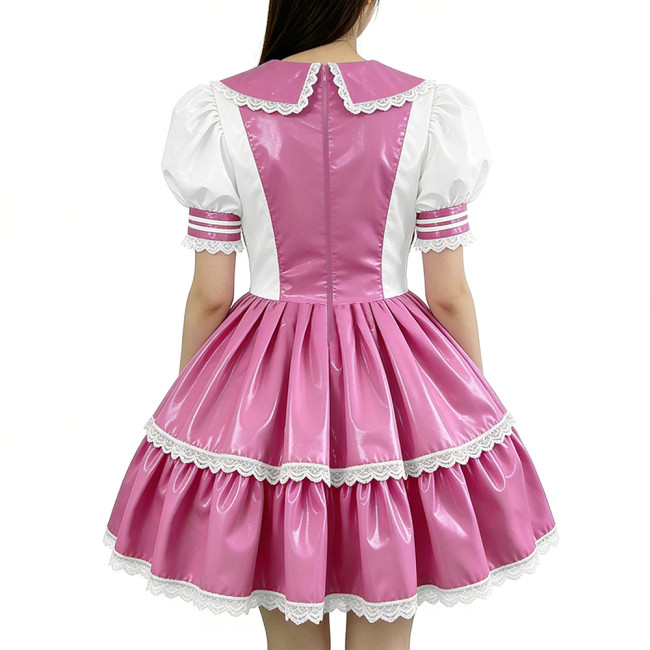 Glossy PVC Sailor Collar Lolita Lace Trim Bow Maid Dress Patchwork Mini Dress Gothic Sweet Club Party Cosplay Fetish Nurse Dress