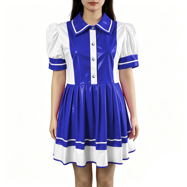 Sexy PVC Vinyl Mini Dress Erotic Turn Down Collar Dress Sweet Button Flared Gothic Fetish A-line Uniform French Cosplay Clubwear