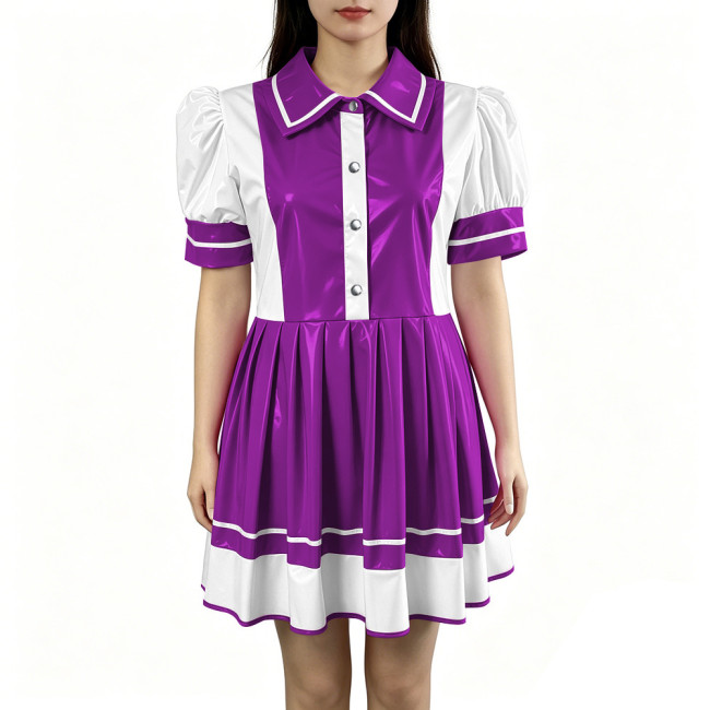 Sexy PVC Vinyl Mini Dress Erotic Turn Down Collar Dress Sweet Button Flared Gothic Fetish A-line Uniform French Cosplay Clubwear