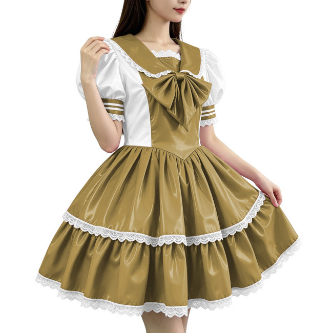 Glossy PVC Sailor Collar Lolita Lace Trim Bow Maid Dress Patchwork Mini Dress Gothic Sweet Club Party Cosplay Fetish Nurse Dress