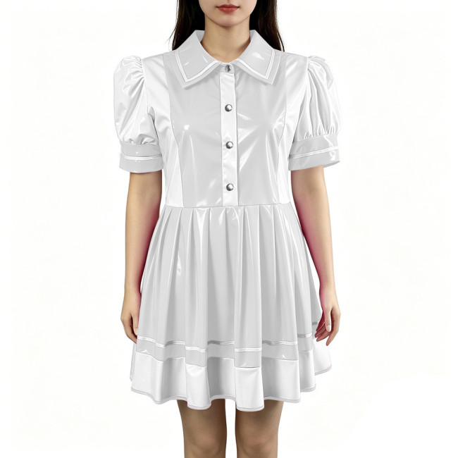 Sexy PVC Vinyl Mini Dress Erotic Turn Down Collar Dress Sweet Button Flared Gothic Fetish A-line Uniform French Cosplay Clubwear