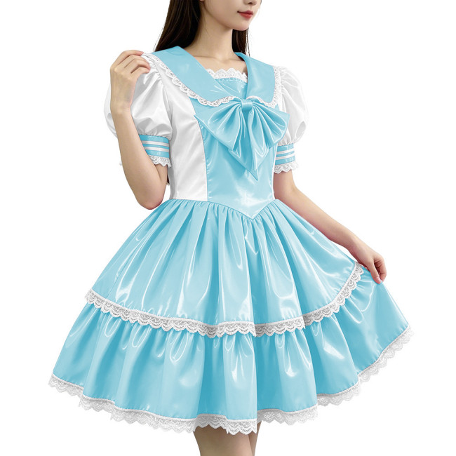 Glossy PVC Sailor Collar Lolita Lace Trim Bow Maid Dress Patchwork Mini Dress Gothic Sweet Club Party Cosplay Fetish Nurse Dress