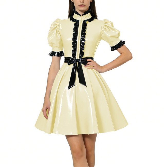 Halloween Women Shiny PVC Vinyl Puff Sleeve Party Dress Gothic A-Line Mini Dress Sexy Ruffle Trim Lolita Night Cosplay Costumes
