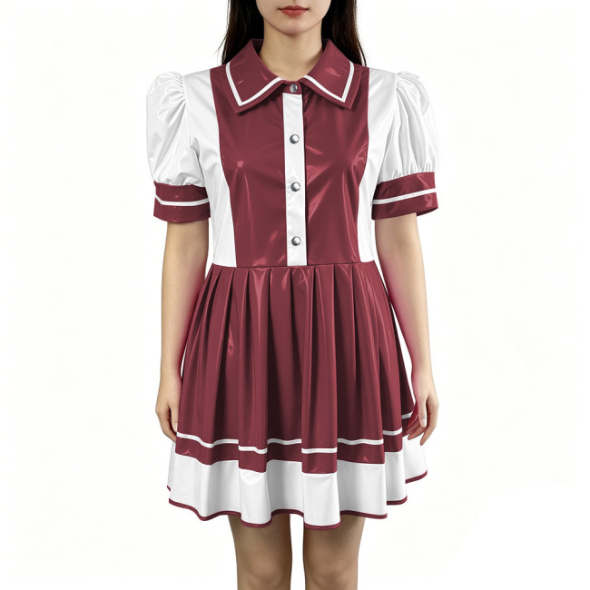 Sexy PVC Vinyl Mini Dress Erotic Turn Down Collar Dress Sweet Button Flared Gothic Fetish A-line Uniform French Cosplay Clubwear