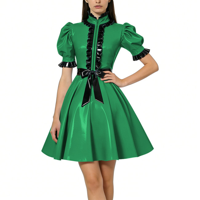 Halloween Women Shiny PVC Vinyl Puff Sleeve Party Dress Gothic A-Line Mini Dress Sexy Ruffle Trim Lolita Night Cosplay Costumes