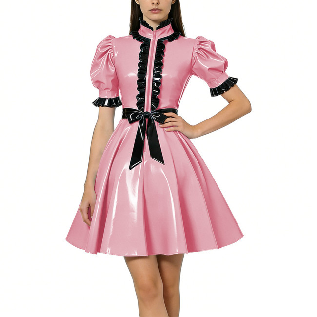 Halloween Women Shiny PVC Vinyl Puff Sleeve Party Dress Gothic A-Line Mini Dress Sexy Ruffle Trim Lolita Night Cosplay Costumes