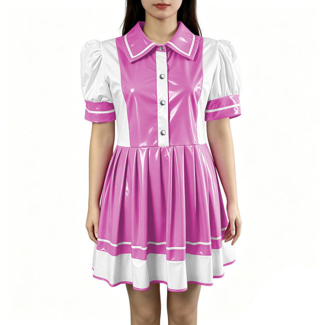 Sexy PVC Vinyl Mini Dress Erotic Turn Down Collar Dress Sweet Button Flared Gothic Fetish A-line Uniform French Cosplay Clubwear
