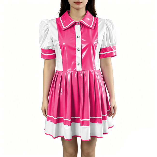Sexy PVC Vinyl Mini Dress Erotic Turn Down Collar Dress Sweet Button Flared Gothic Fetish A-line Uniform French Cosplay Clubwear