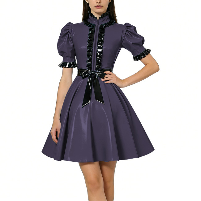 Halloween Women Shiny PVC Vinyl Puff Sleeve Party Dress Gothic A-Line Mini Dress Sexy Ruffle Trim Lolita Night Cosplay Costumes