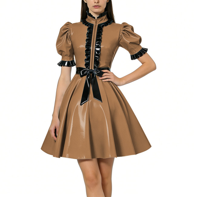Halloween Women Shiny PVC Vinyl Puff Sleeve Party Dress Gothic A-Line Mini Dress Sexy Ruffle Trim Lolita Night Cosplay Costumes