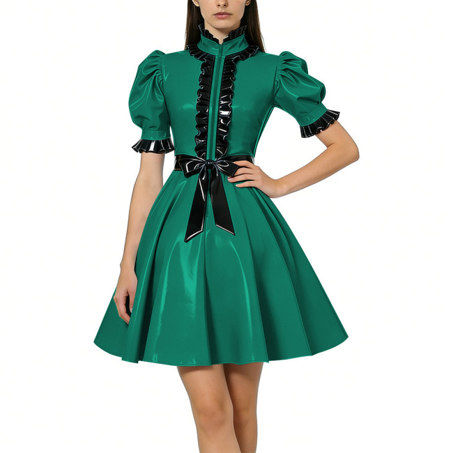 Halloween Women Shiny PVC Vinyl Puff Sleeve Party Dress Gothic A-Line Mini Dress Sexy Ruffle Trim Lolita Night Cosplay Costumes