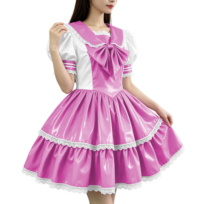 Glossy PVC Sailor Collar Lolita Lace Trim Bow Maid Dress Patchwork Mini Dress Gothic Sweet Club Party Cosplay Fetish Nurse Dress