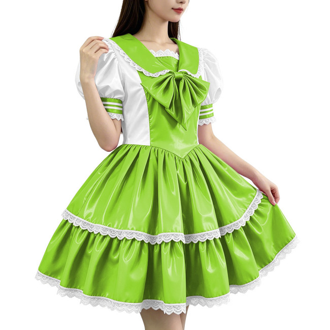 Glossy PVC Sailor Collar Lolita Lace Trim Bow Maid Dress Patchwork Mini Dress Gothic Sweet Club Party Cosplay Fetish Nurse Dress