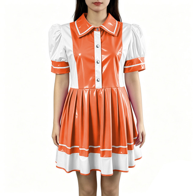 Sexy PVC Vinyl Mini Dress Erotic Turn Down Collar Dress Sweet Button Flared Gothic Fetish A-line Uniform French Cosplay Clubwear
