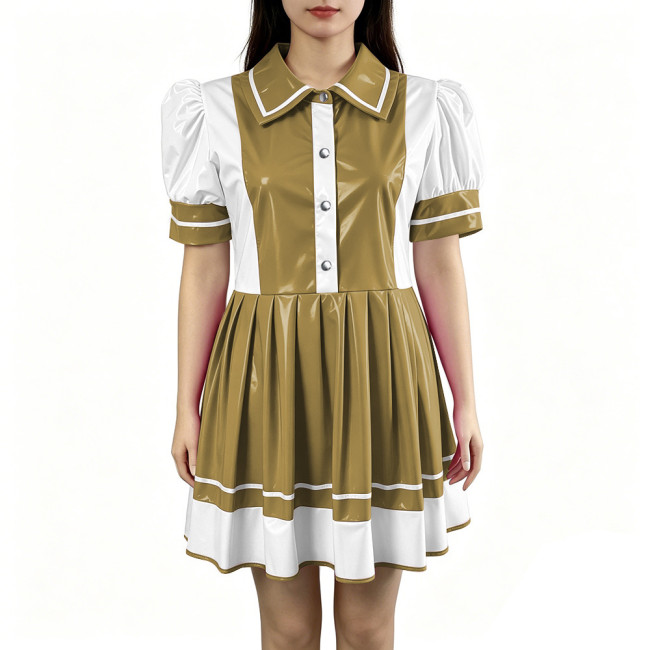 Sexy PVC Vinyl Mini Dress Erotic Turn Down Collar Dress Sweet Button Flared Gothic Fetish A-line Uniform French Cosplay Clubwear