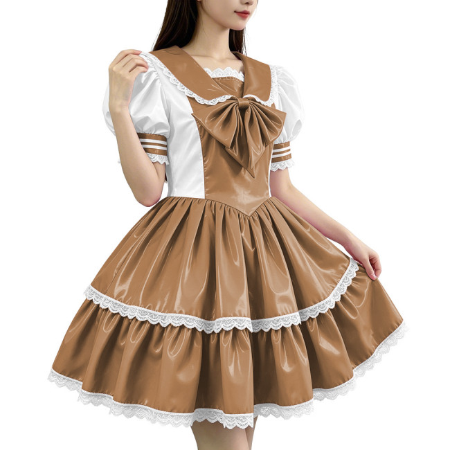 Glossy PVC Sailor Collar Lolita Lace Trim Bow Maid Dress Patchwork Mini Dress Gothic Sweet Club Party Cosplay Fetish Nurse Dress