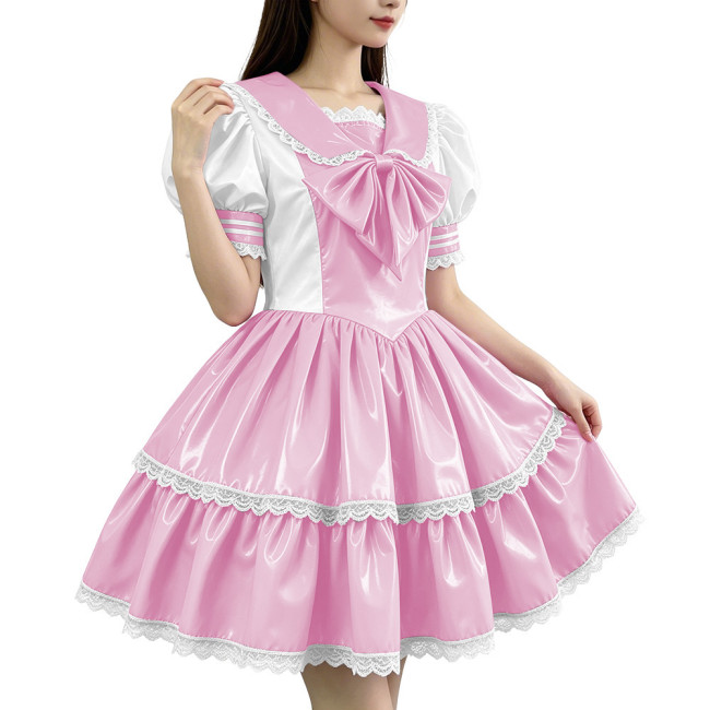 Glossy PVC Sailor Collar Lolita Lace Trim Bow Maid Dress Patchwork Mini Dress Gothic Sweet Club Party Cosplay Fetish Nurse Dress