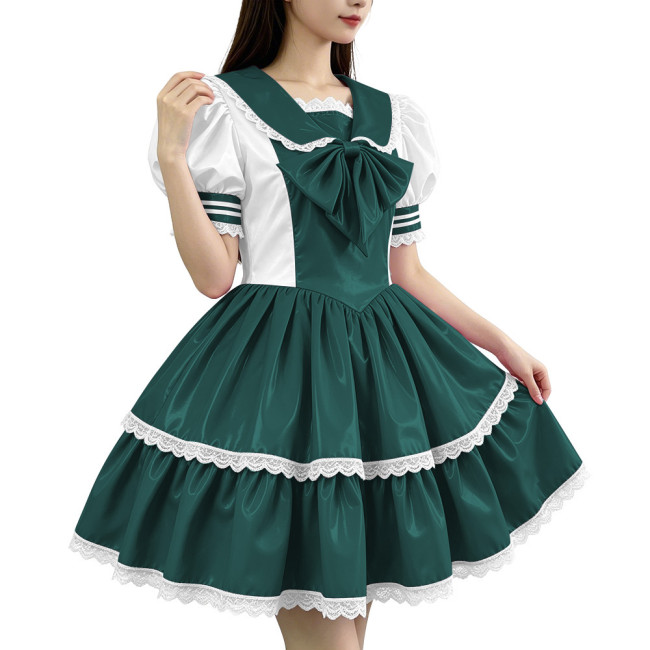 Glossy PVC Sailor Collar Lolita Lace Trim Bow Maid Dress Patchwork Mini Dress Gothic Sweet Club Party Cosplay Fetish Nurse Dress