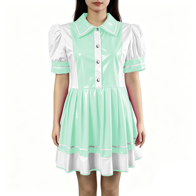 Sexy PVC Vinyl Mini Dress Erotic Turn Down Collar Dress Sweet Button Flared Gothic Fetish A-line Uniform French Cosplay Clubwear