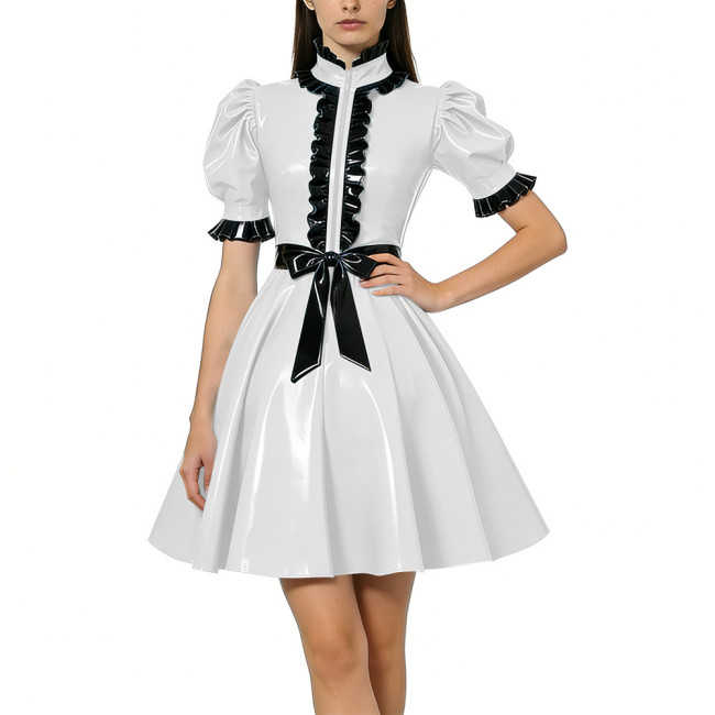 Halloween Women Shiny PVC Vinyl Puff Sleeve Party Dress Gothic A-Line Mini Dress Sexy Ruffle Trim Lolita Night Cosplay Costumes