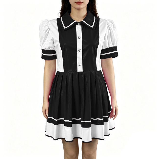 Sexy PVC Vinyl Mini Dress Erotic Turn Down Collar Dress Sweet Button Flared Gothic Fetish A-line Uniform French Cosplay Clubwear