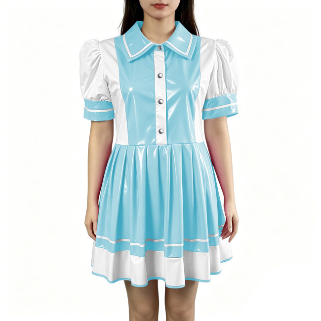 Sexy PVC Vinyl Mini Dress Erotic Turn Down Collar Dress Sweet Button Flared Gothic Fetish A-line Uniform French Cosplay Clubwear