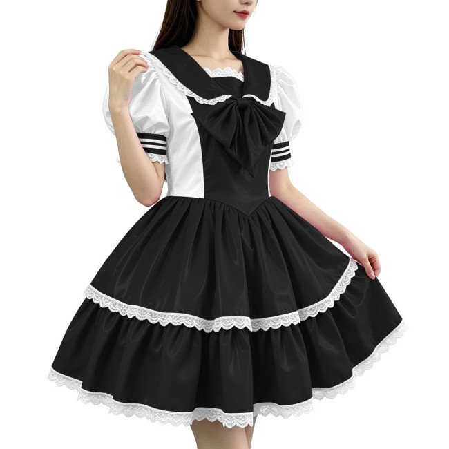 Glossy PVC Sailor Collar Lolita Lace Trim Bow Maid Dress Patchwork Mini Dress Gothic Sweet Club Party Cosplay Fetish Nurse Dress