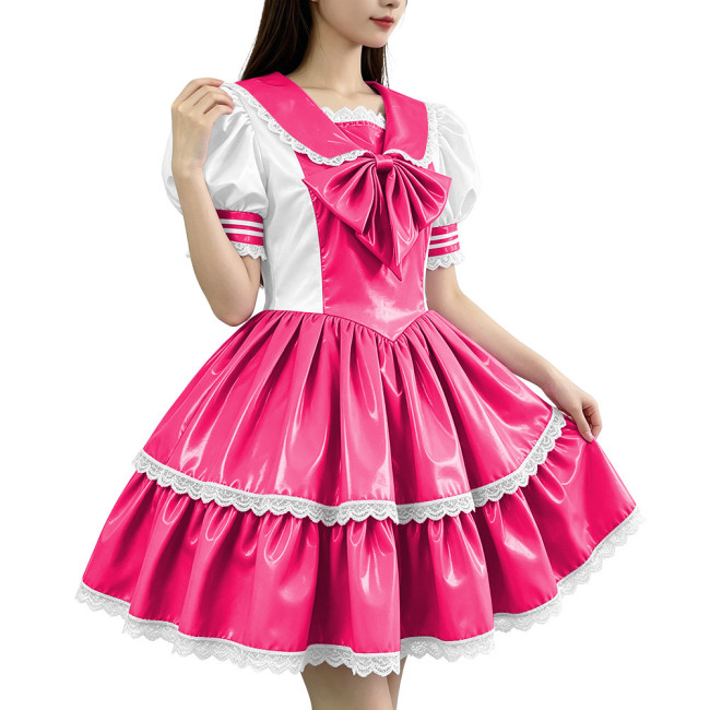 Glossy PVC Sailor Collar Lolita Lace Trim Bow Maid Dress Patchwork Mini Dress Gothic Sweet Club Party Cosplay Fetish Nurse Dress