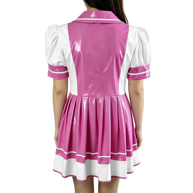 Sexy PVC Vinyl Mini Dress Erotic Turn Down Collar Dress Sweet Button Flared Gothic Fetish A-line Uniform French Cosplay Clubwear