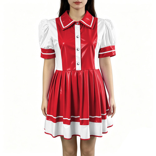 Sexy PVC Vinyl Mini Dress Erotic Turn Down Collar Dress Sweet Button Flared Gothic Fetish A-line Uniform French Cosplay Clubwear