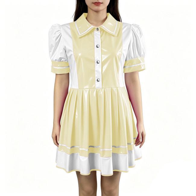 Sexy PVC Vinyl Mini Dress Erotic Turn Down Collar Dress Sweet Button Flared Gothic Fetish A-line Uniform French Cosplay Clubwear