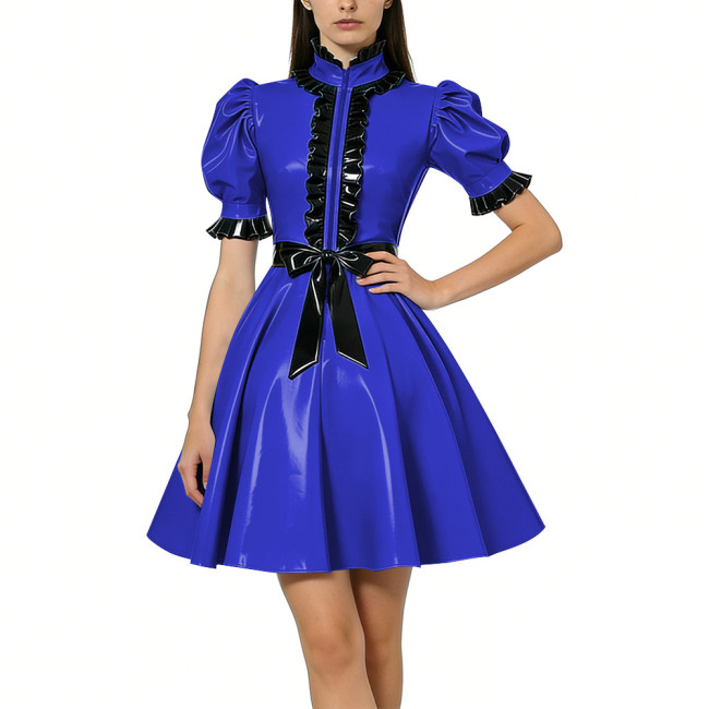 Halloween Women Shiny PVC Vinyl Puff Sleeve Party Dress Gothic A-Line Mini Dress Sexy Ruffle Trim Lolita Night Cosplay Costumes