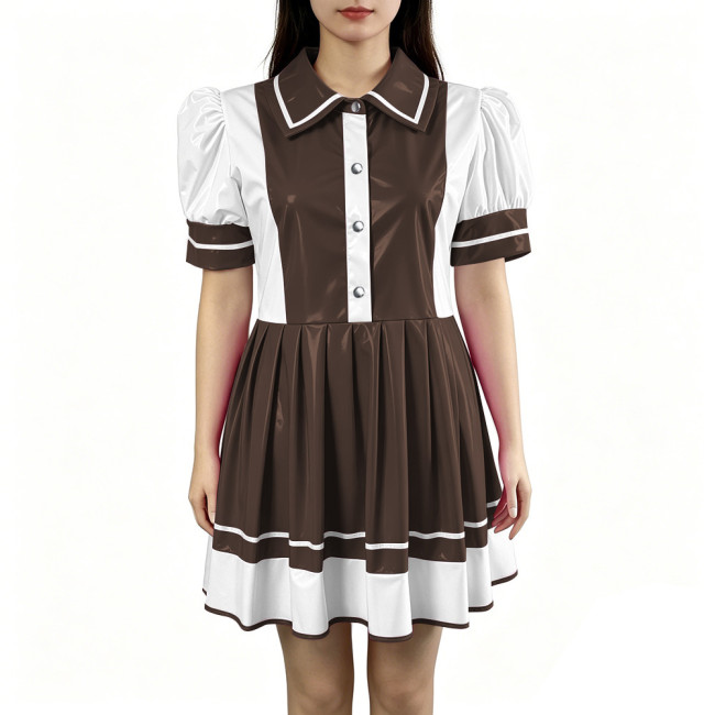 Sexy PVC Vinyl Mini Dress Erotic Turn Down Collar Dress Sweet Button Flared Gothic Fetish A-line Uniform French Cosplay Clubwear
