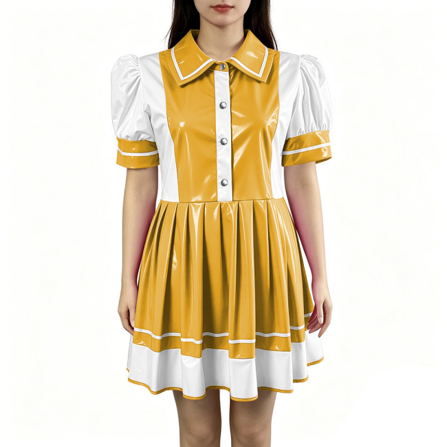 Sexy PVC Vinyl Mini Dress Erotic Turn Down Collar Dress Sweet Button Flared Gothic Fetish A-line Uniform French Cosplay Clubwear