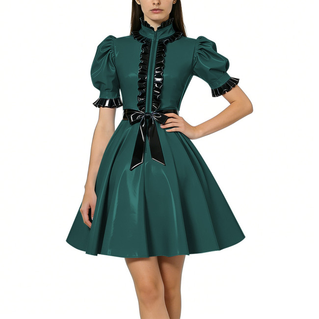 Halloween Women Shiny PVC Vinyl Puff Sleeve Party Dress Gothic A-Line Mini Dress Sexy Ruffle Trim Lolita Night Cosplay Costumes