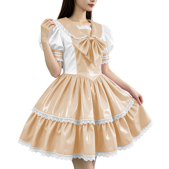 Glossy PVC Sailor Collar Lolita Lace Trim Bow Maid Dress Patchwork Mini Dress Gothic Sweet Club Party Cosplay Fetish Nurse Dress
