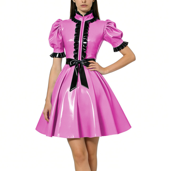 Halloween Women Shiny PVC Vinyl Puff Sleeve Party Dress Gothic A-Line Mini Dress Sexy Ruffle Trim Lolita Night Cosplay Costumes