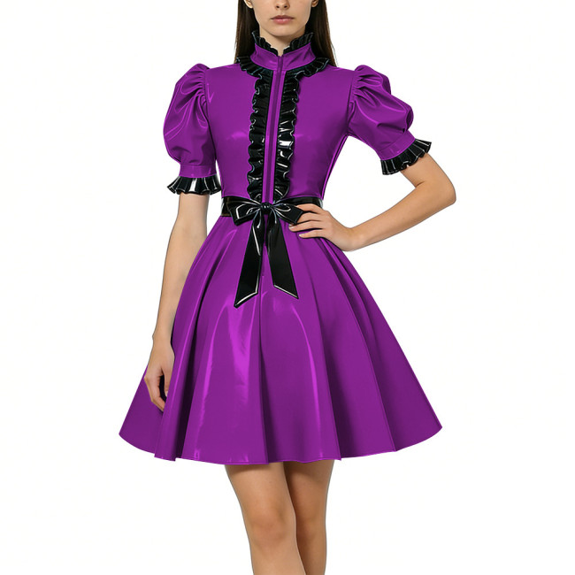 Halloween Women Shiny PVC Vinyl Puff Sleeve Party Dress Gothic A-Line Mini Dress Sexy Ruffle Trim Lolita Night Cosplay Costumes
