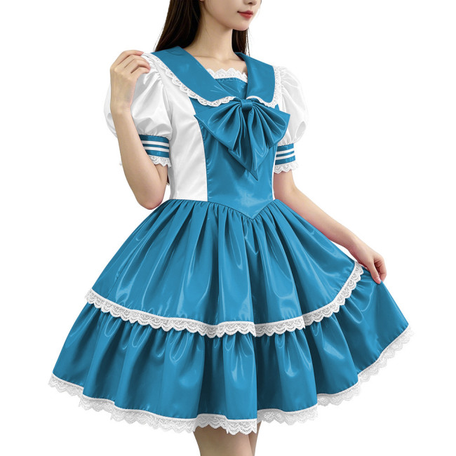 Glossy PVC Sailor Collar Lolita Lace Trim Bow Maid Dress Patchwork Mini Dress Gothic Sweet Club Party Cosplay Fetish Nurse Dress