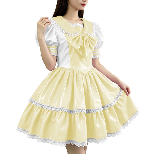 Glossy PVC Sailor Collar Lolita Lace Trim Bow Maid Dress Patchwork Mini Dress Gothic Sweet Club Party Cosplay Fetish Nurse Dress