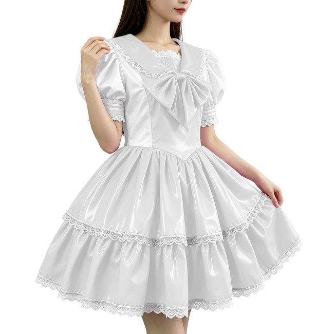 Glossy PVC Sailor Collar Lolita Lace Trim Bow Maid Dress Patchwork Mini Dress Gothic Sweet Club Party Cosplay Fetish Nurse Dress