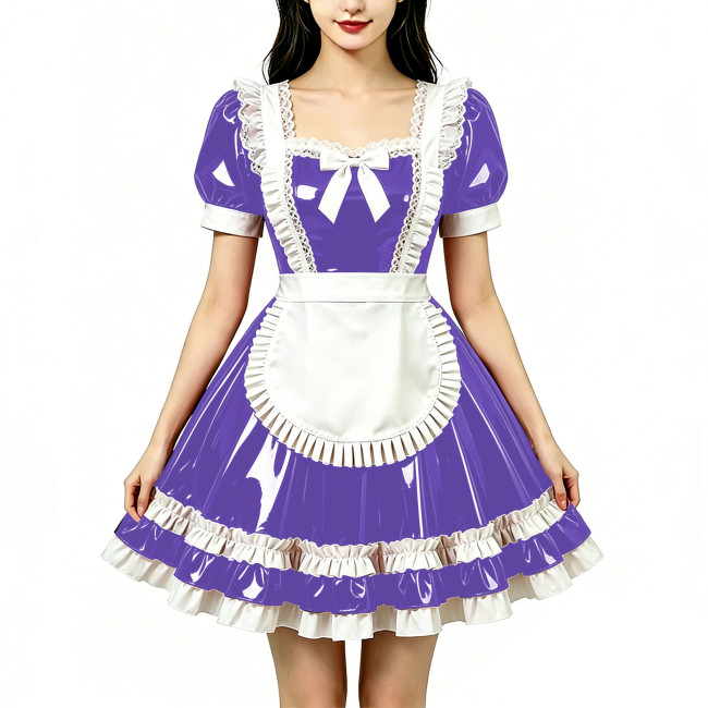 Shine Fetish PVC Maid Dress Vintage Square Neck Maid Party Lace Lolita Chest Bow Apron Cosplay Mini Dress Nightclub Streetwear